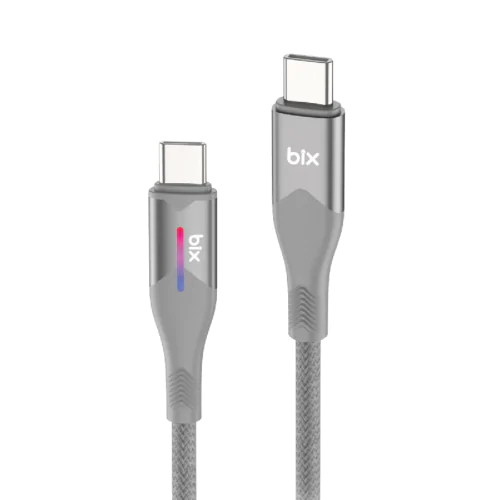 BİX T1CC 60W LED'Lİ TYPE-C'DEN TYPE-C'YE VERİ AKTARIM ÖZELİKLİ ÖRGÜLÜ ŞARJ KABLOSU 1M Gri - Görsel