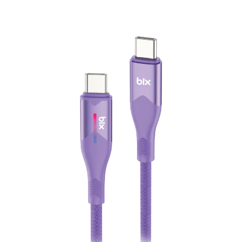 BİX T1CC 60W LED'Lİ TYPE-C'DEN TYPE-C'YE VERİ AKTARIM ÖZELİKLİ ÖRGÜLÜ ŞARJ KABLOSU 1M Mor - Görsel