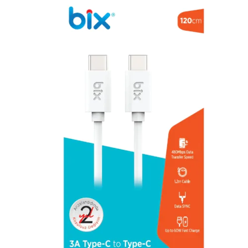 BİX BX100CCW 60W Type-C To Type-C Hızlı Şarj Ve Data Kablosu 1.2 Metre Beyaz - Görsel