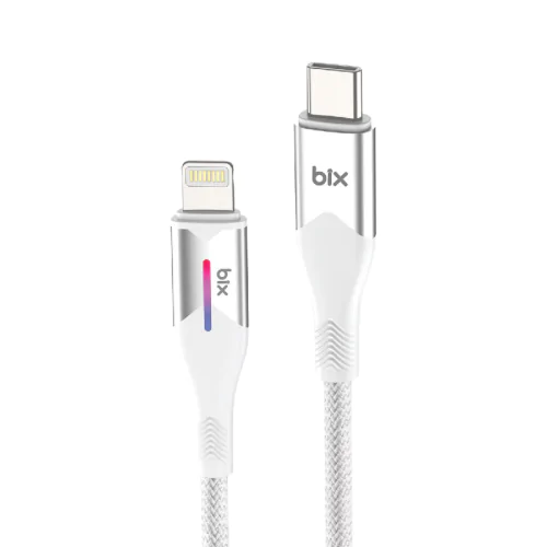 BİX T1CL 27W LED'Lİ TYPE-C'DEN LİGHTNİNG'E VERİ AKTARIM ÖRGÜLÜ ŞARJ KABLOSU 1M Beyaz - Görsel