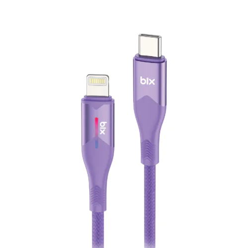 BİX T1CL 27W LED'Lİ TYPE-C'DEN LİGHTNİNG'E VERİ AKTARIM ÖRGÜLÜ ŞARJ KABLOSU 1M Mor - Görsel