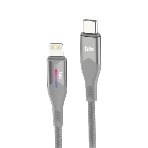 BİX T1CL 27W LED'Lİ TYPE-C'DEN LİGHTNİNG'E VERİ AKTARIM ÖRGÜLÜ ŞARJ KABLOSU 1M Gri - Görsel