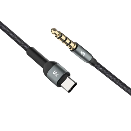 BİX TAU1C TYPE-C'DEN AUX'A ALÜMİNYUM KILIF ÖRGÜLÜ KABLO Hİ-Fİ SES AUX KABLOSU GRİ 1M Koyu Gri - Görsel