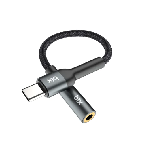 BİX TAU2C TİP-C'DEN AUX'A ALÜMİNYUM KILIF ÖRGÜ KABLO Hİ-Fİ SES DÖNÜŞTÜRÜCÜ KABLO GRİ 110MM Koyu Gri - Görsel