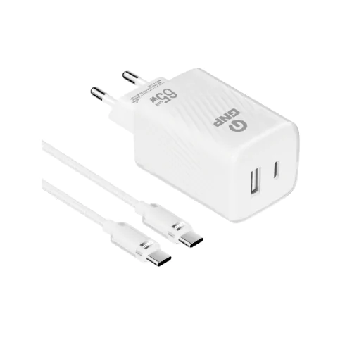 GNP 65W Transparent GAN Çift Çıkışlı Şarj Adaptörü ve Type-C Kablo Beyaz - Görsel