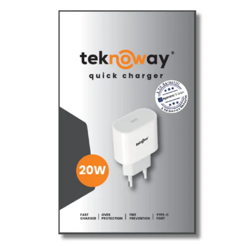 Teknoway 20W Type-C Port Şarj Adaptörü Beyaz - Görsel