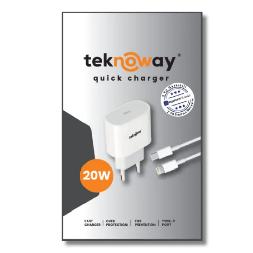 Teknoway 20W Type-C to Lighting Şarj Seti Beyaz - Görsel