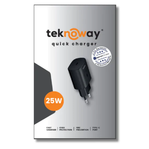 TEKNOWAY ARF 25W TYPE-C PORT ŞARJ ADAPTÖRÜ SİYAH Siyah - Görsel