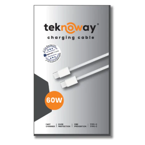 Teknoway 60W Type-C to Type-C Şarj Kablosu ÖRGÜLÜ Beyaz - Görsel