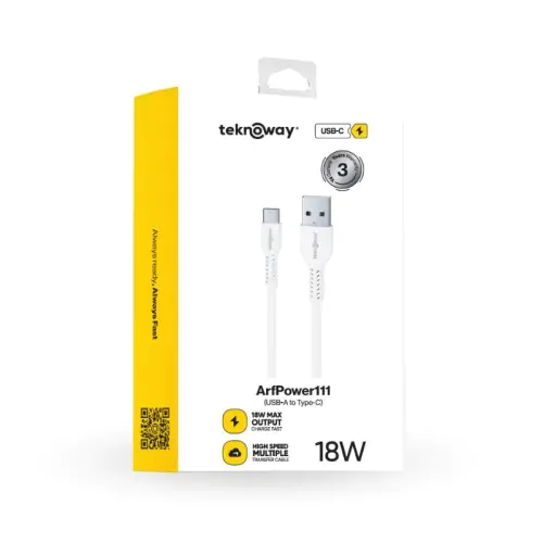 Teknoway 18W USB-A to Type-C Şarj Kablosu Beyaz - Görsel